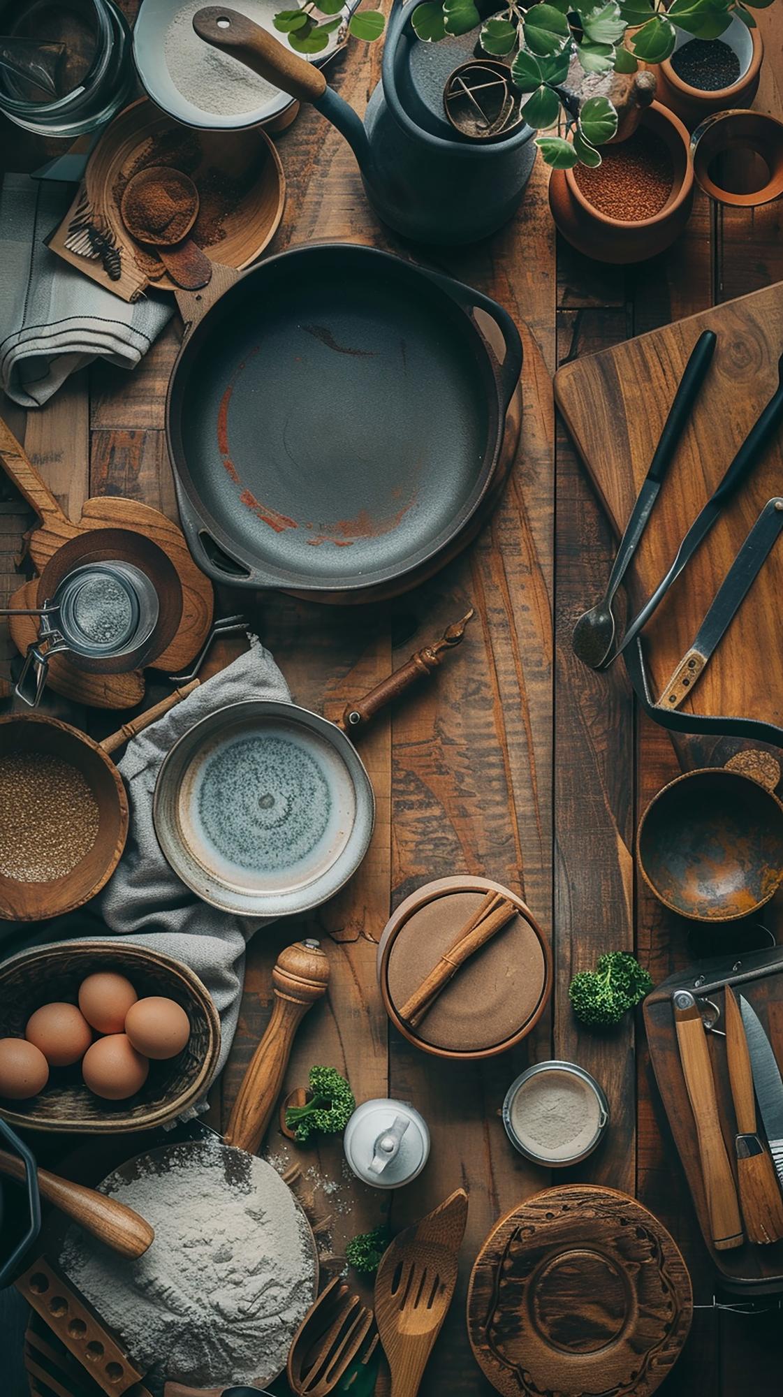Interno atelier cucina con strumenti e tavolo in legno